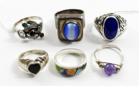 (6) STERLING RINGS w/NATURAL STONES
