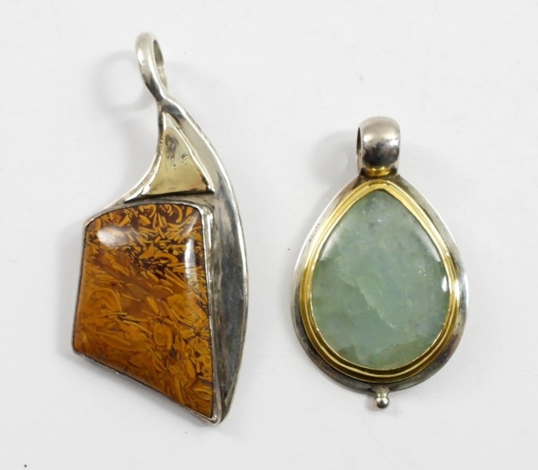 (2)LARGE STONE PENDANTS w/GOLD & 925: (1) TEAR DROP 22k GOLD & STERLING (1) HAND CRAFTED 14k & STERLING (23 DWT TOTAL WEIGHT)