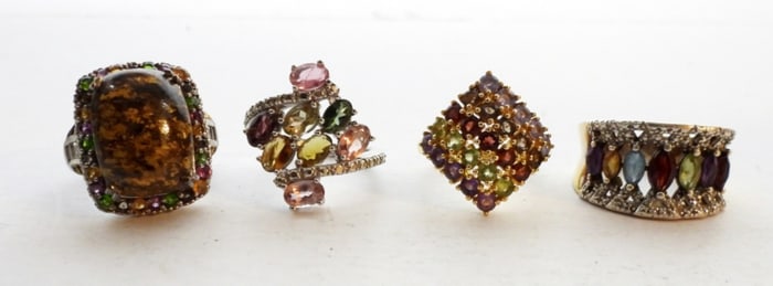 (4) STERLING RINGS MULTI COLOR GEMS
