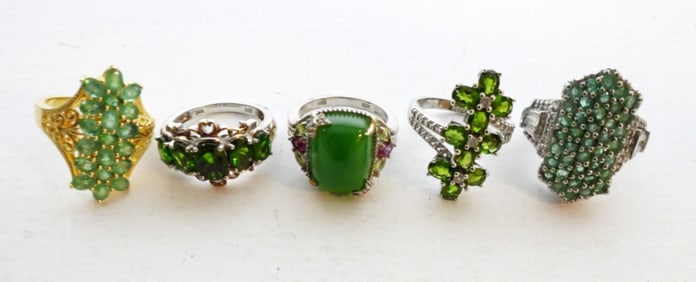 (5) STERLING & GREEN GEMSTONE RINGS