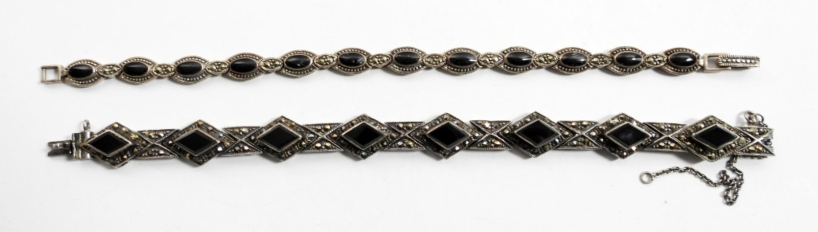 (2) MARCASITE / BLACK ONYX 925 BRACELETS: BOTH 7" LONG (28 DWT)
