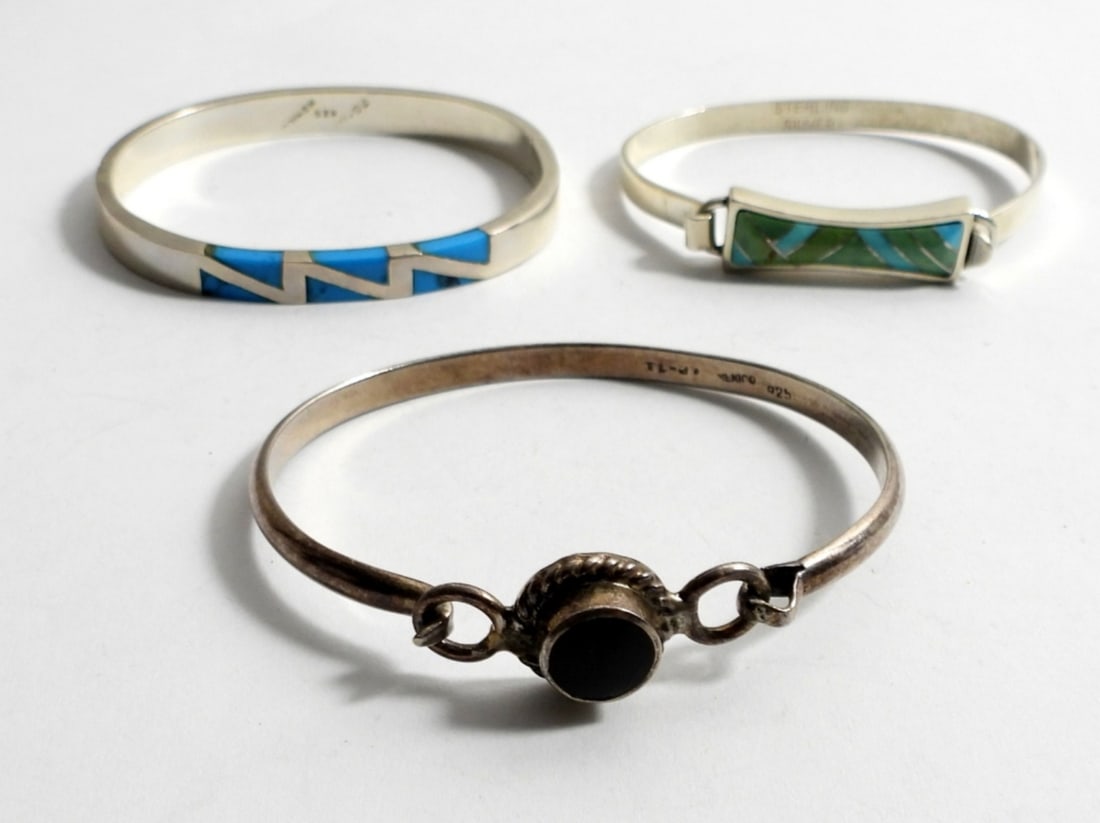 (3)STERLING BRACELETS - CAROLYN POLLACK: (2) MEXICO STAMPED TL-21 & TC-11 - POLLACK 6" with RECTANGLE FRONT - OTHERS 6 1/2" & 7 " (40 DWT)