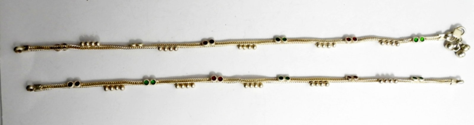 (2) EGYPTIAN .999 SILVER ANKLE BRACELETS: TESTED WITH METAL ANALYZER (1) missing hook (10" LONG) (12 DWT)
