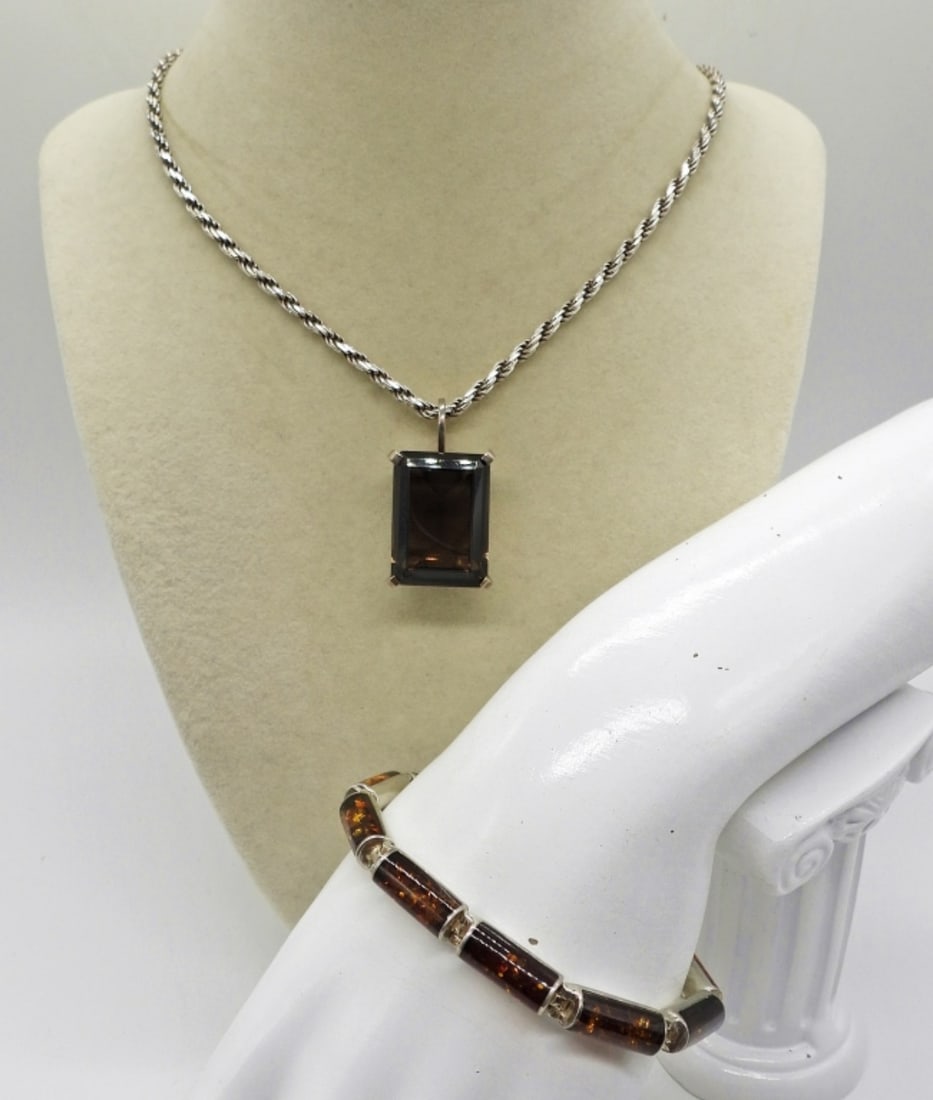 SMOKEY QUARTZ & AMBER SET 925 (1 of 3)