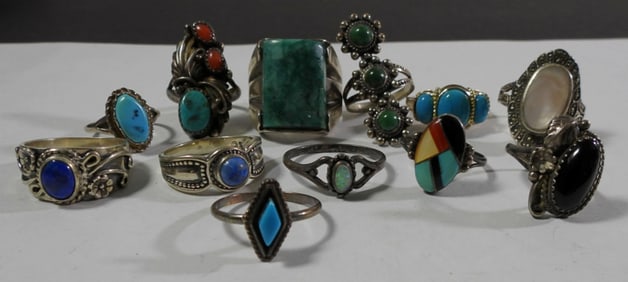(12) ANTIQUE STERLING RING LOT