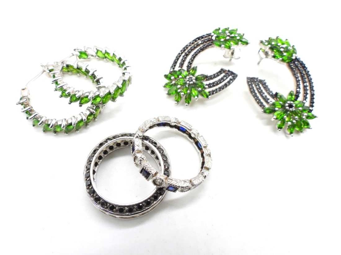 Sterling Black and Green Rhinestone Earrings & Rin (1 of 3)