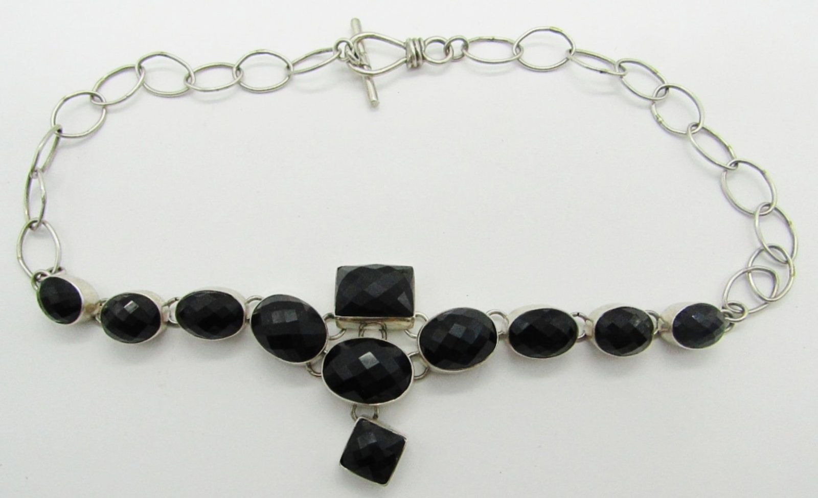 925 Black Prismatic Gemstone Necklace: 17" Necklace with Black Onyx Gemstones; 27.2 dwt.