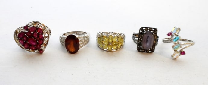 (5) STERLING SILVER RINGS W/ GEMSTONES