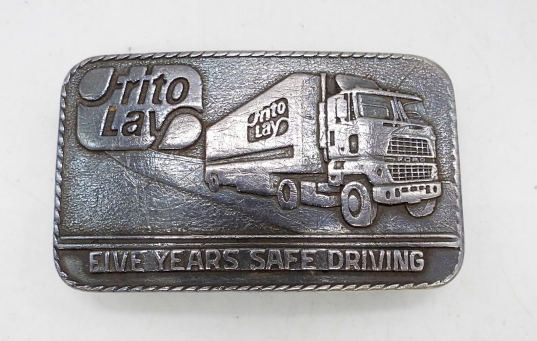 Frito Lay Sterling Belt Buckle: Frito Lay Five Years Safe Driving Belt Buckle. Marked Haltom Sterling. 52.5 DWT