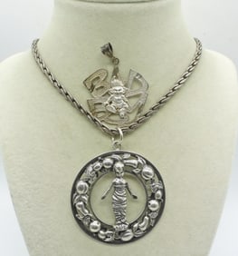 2 STERLING PENDANTS & LARGE CHAIN