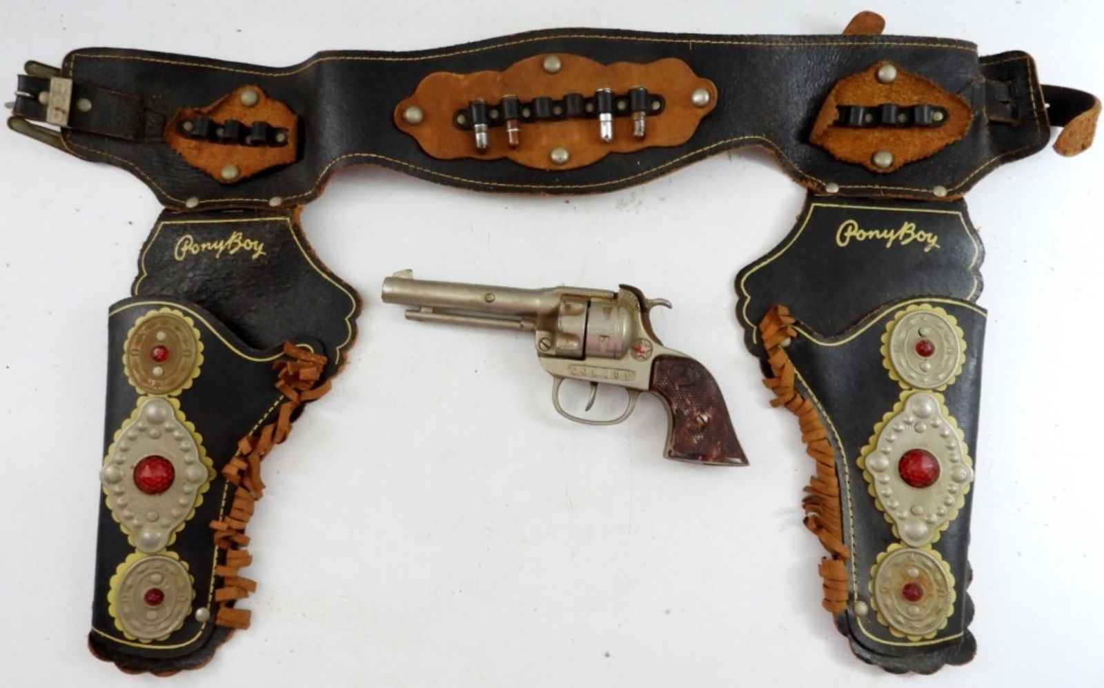 PONY BOY HOLSTER w/CAP GUN: MADE in USA COWBOY CAP GUN (needs repaired) with HOLSTER 27"