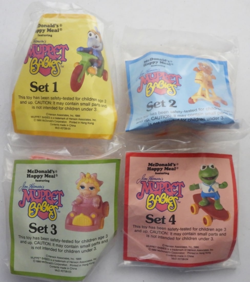 1986 COMPLETE SET OF 4 MUPPET BABIES: UNOPENED TOY SET MCDONALD'S HAPPY MEAL