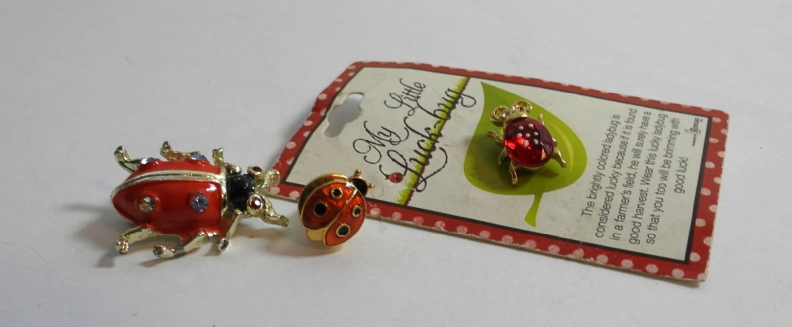 LUCKY LADYBUG SET: GOLD TONE LADYBUG BRACELET (7.5"). 3 GOLD TONE LADYBUG PINS, SUPER CUTE.