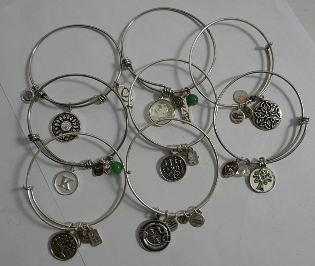 (7) BANGLE BRACELETS WITH CHARMS: 7in ROUND OF THE BRACELETS ARE ALEX AND ANI BRAND