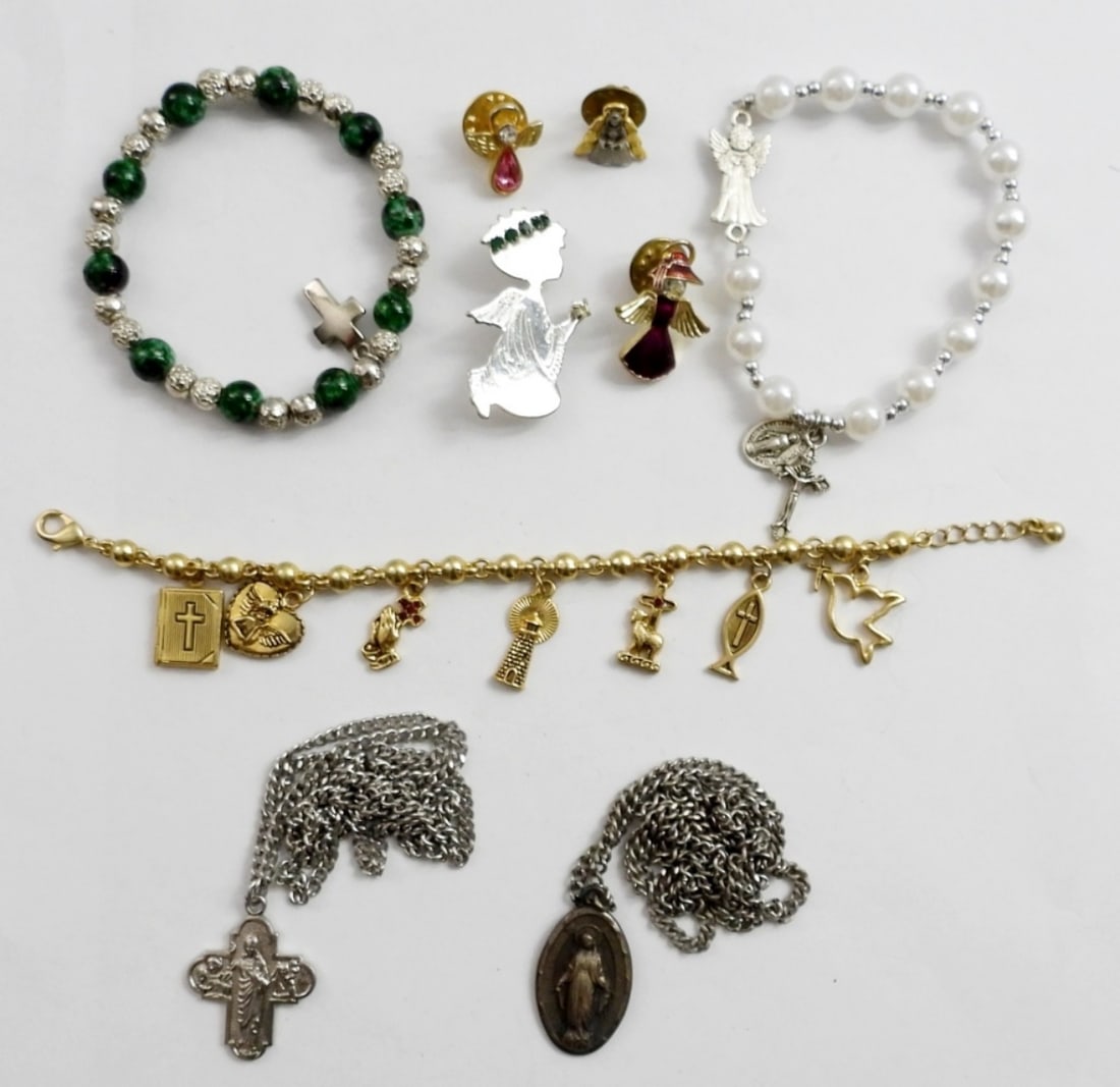 RELIGIOUS JEWELRY LOT - ANGELS, CROSSES: (3) BRACELETS, (2) NECKLACES, (4) ANGEL BROOCH PINS