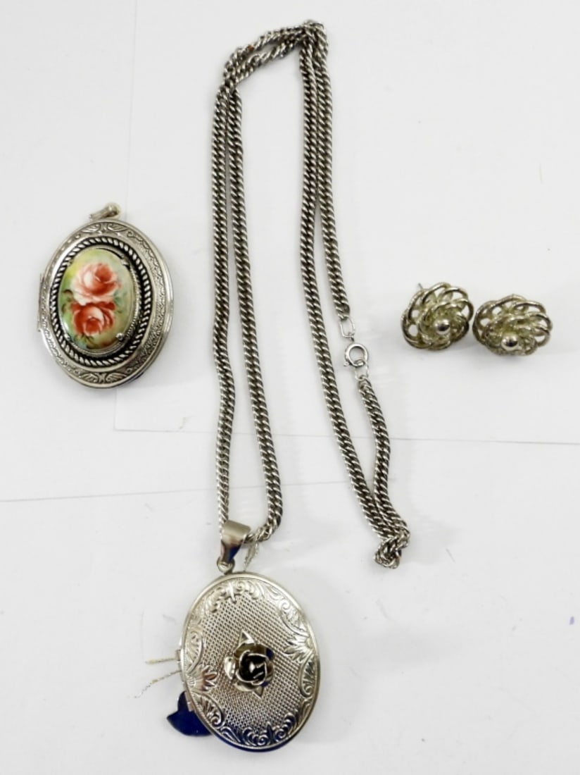 (2) SILVER TONE LOCKETS: NECKLACE 23 1/2in LONG ONE LOCKET HAS PINK ROSES AND EARRINGS