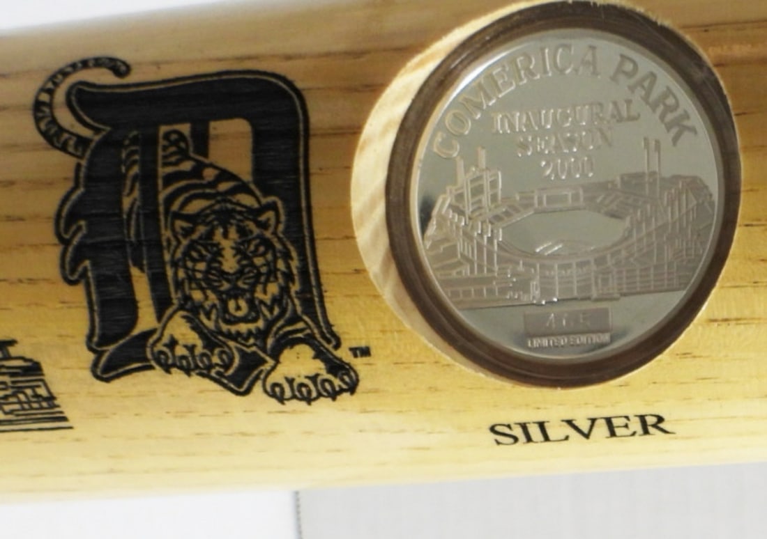 COMERICA PARK INAUGURAL .999 SILVER: DETROIT TIGERS .999 SILVER COIN in COMMEMORATIVE BAT