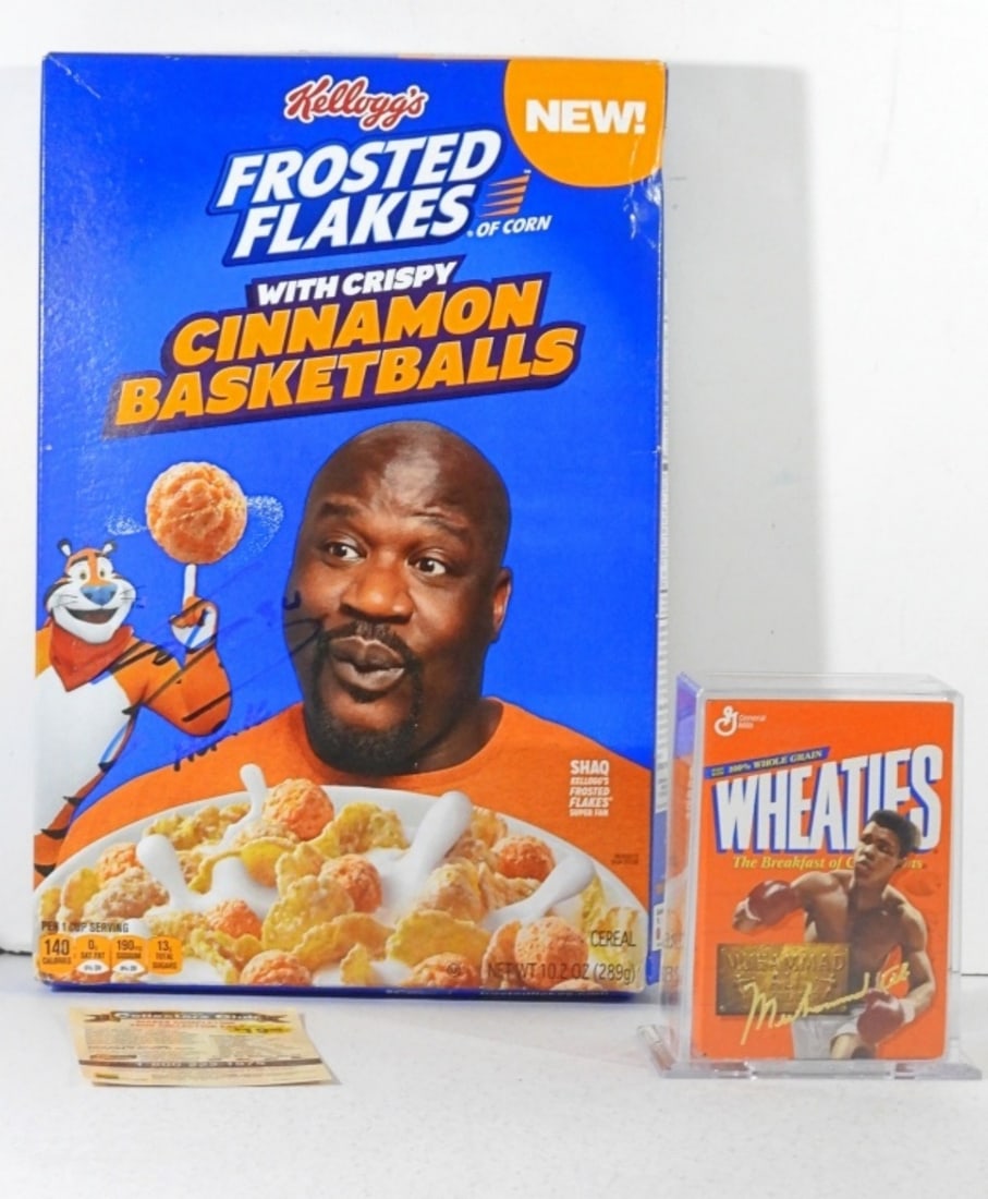 MUHAMMAD ALI, SHAQUILLE ONEAL CEAREAL: MUHAMMAD ALI WHEATIES MINI BOX AUTHENTIC IMAGES 75TH ANNIVERSARY, SHAQUILLE ONEAL SIGNED FROSTED FLAKES WITH CRISPY BASKETBALLS UNCERTIFIED