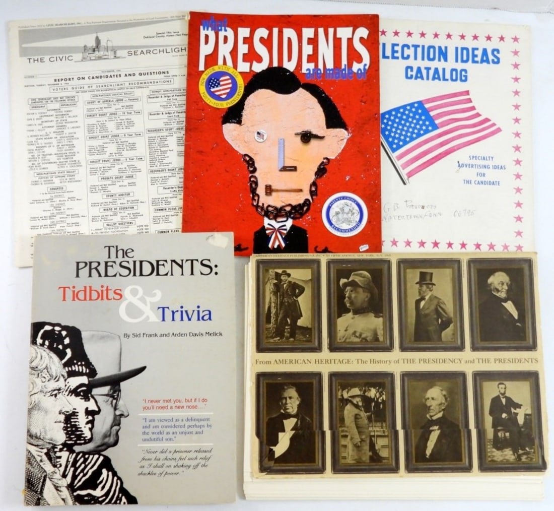 5 PIECE VINTAGE POLITICAL BOOKS & MORE: THE PRESIDENT TIDBIT& TRIVIA SOFTCOVER BOOK BY SID FRANK, PORTRAITS OF THE PRESIDENTS OF THE UNITED STATES ,A PORTFOLIO OF 34 ELEGANT PRINTS SUITABLE FOR FRAMING WITH A FACT FINDING WHEEL. WHAT PRESID
