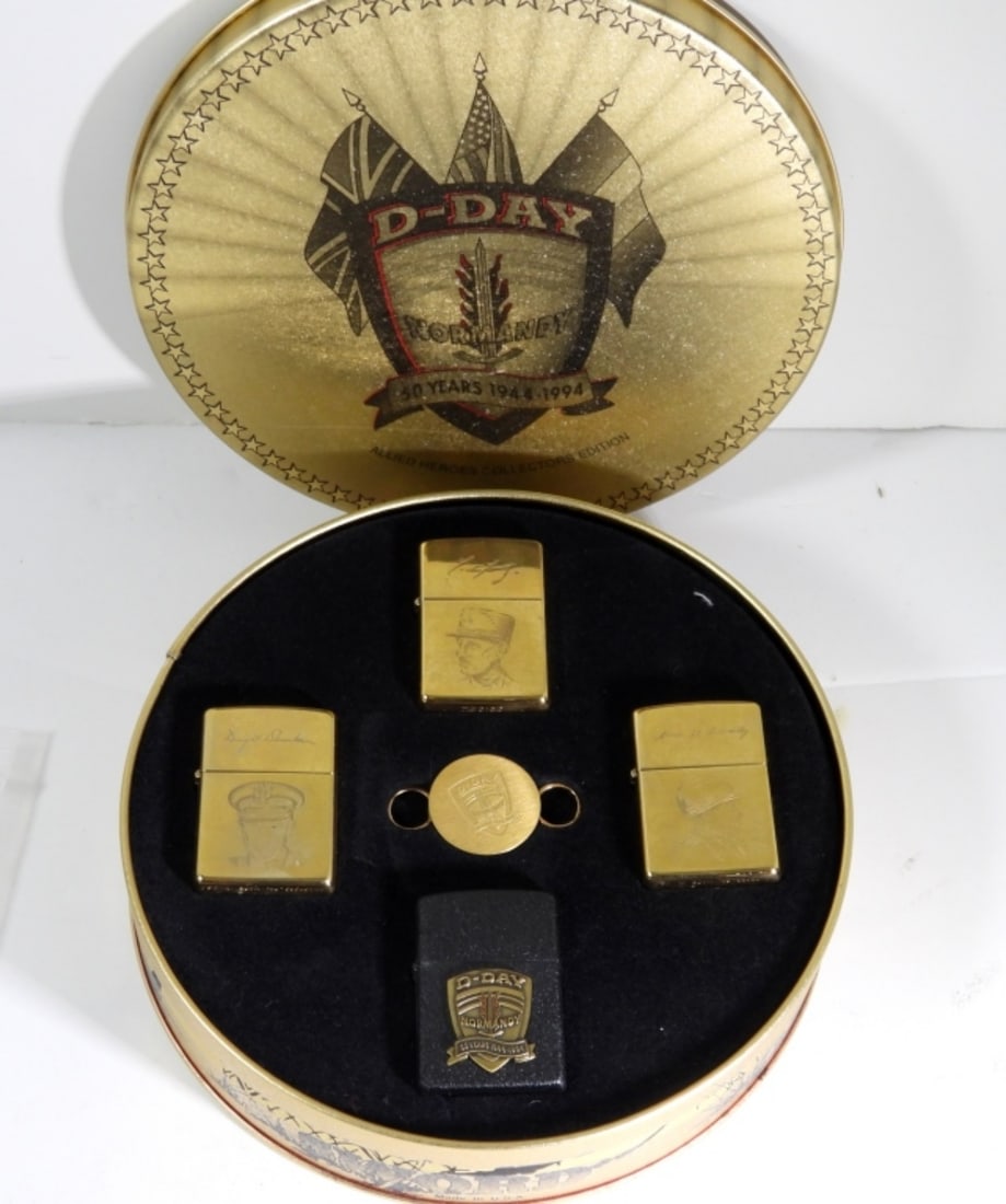 5 PIECE 1944-1994 D-DAY NORMANDY ZIPPO SET: 5 PIECE 1944-1994 D -DAY NORMANDY 50 YEARS ALLIED HEROES LIGHTER SET. 3 ARE ORIGINAL SEALED ZIPPOS, 1 IS A BLACK MATT 50TH ANNIVERSERY ZIPPO UNFIRED