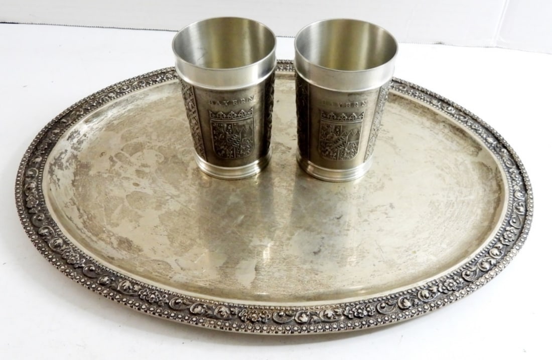 (2) PEWTER"BAYERN" CUPS & (1) SERVING: TRAY (not sterling or pewter) VINTAGE OVAL 16" - CUPS 4 1/4" TALL