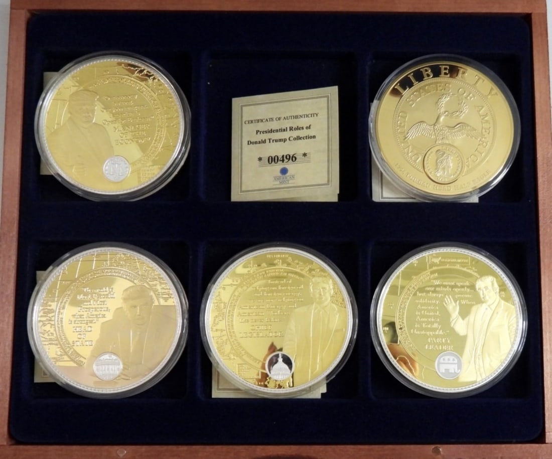 2020 DONALD TRUMP PRESIDENTIAL ROLE: (5) COINS from AMERICAN MINT in WOOD BOX / 24k GOLD LAYERED with SPOT SILVER -70mm DIAMETER
