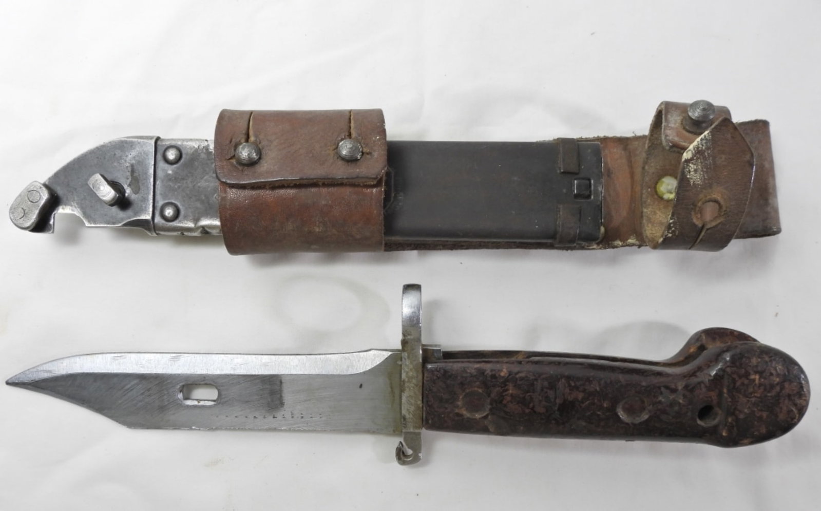 ROMANIAN BAYONET KNIFE w/METAL: SCABBARD & LEATHER SHEATH - VINTAGE PIECE