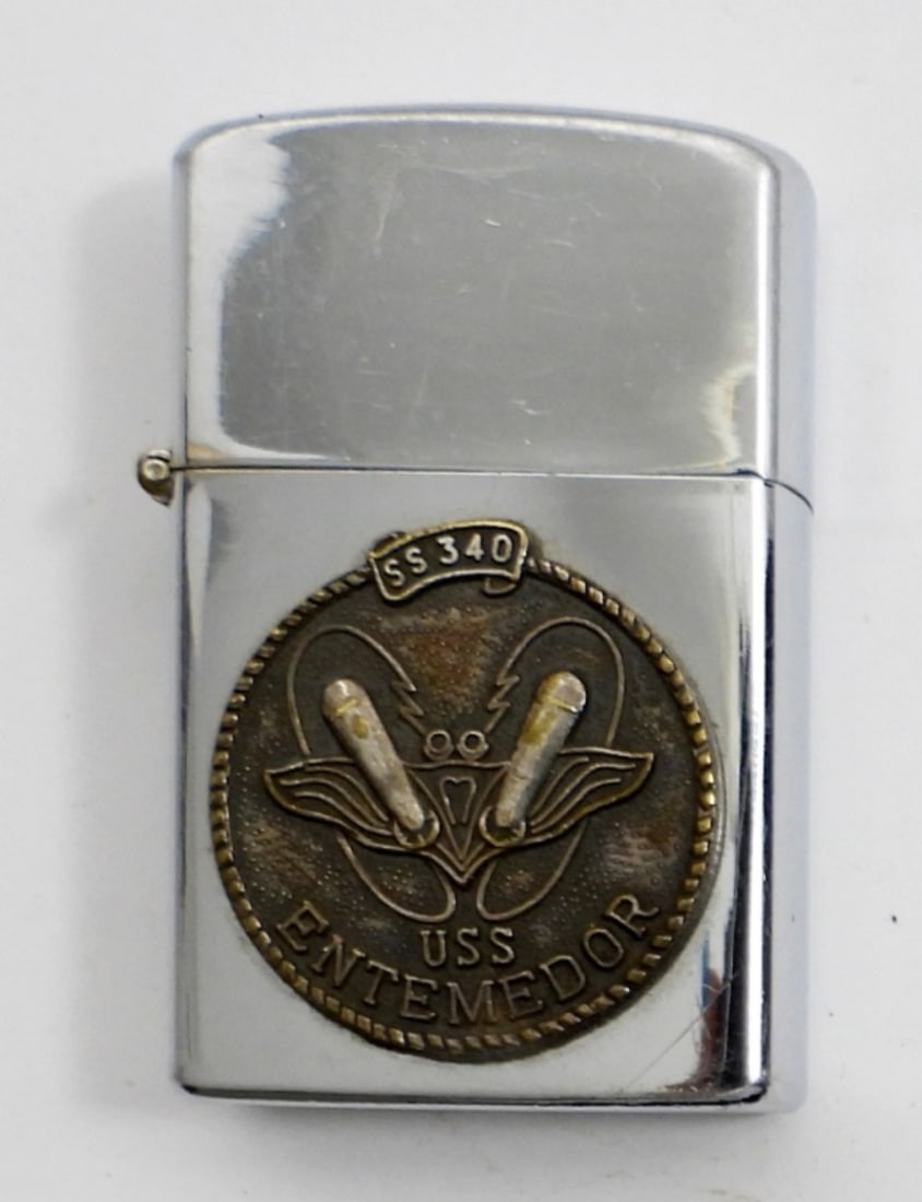VINTAGE VULCAN USS ENTEMEDOR LIGHTER: USS ENTEMEDOR SS-340 SLIM FLIP TOP LIGHTER - USED CONDITION