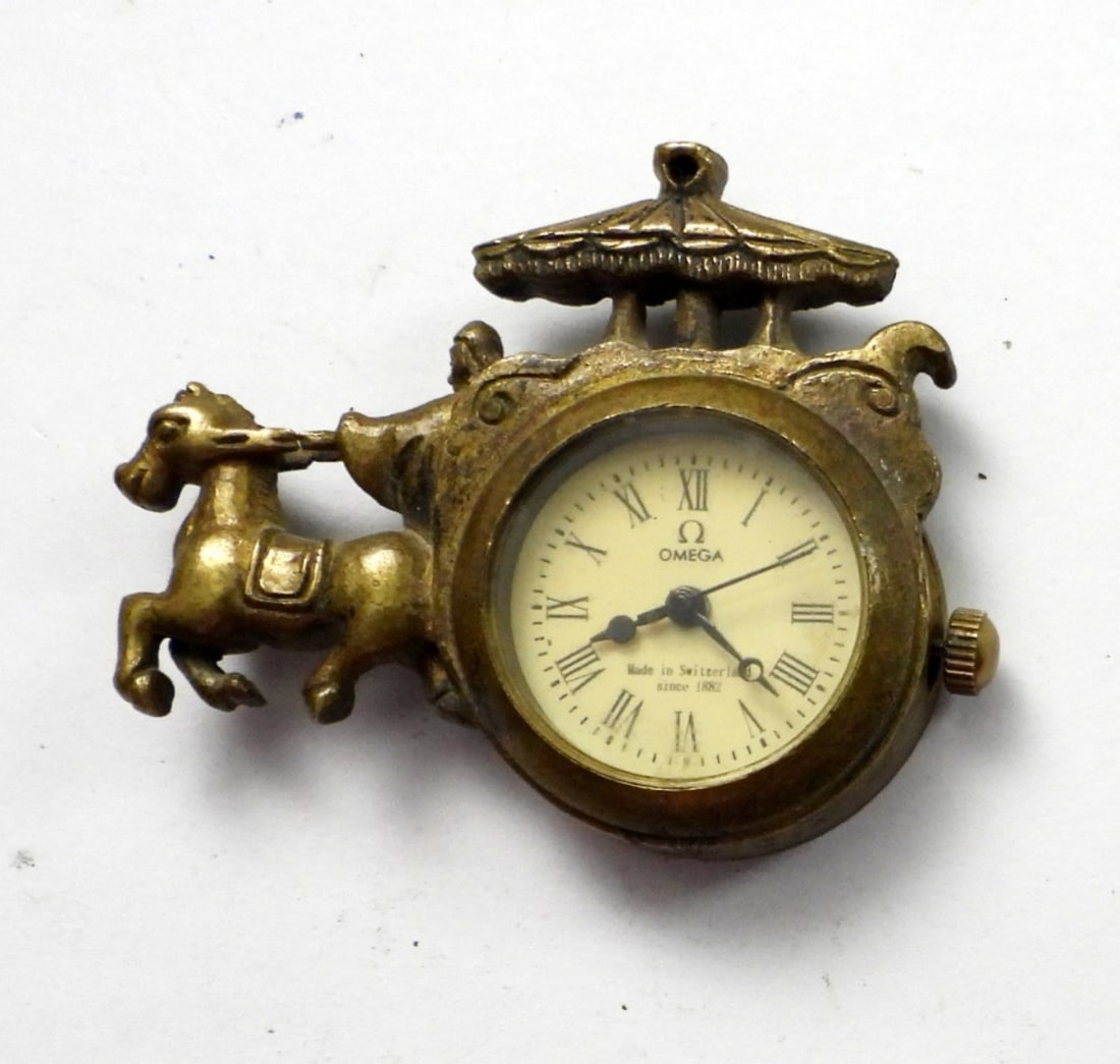 OMEGA HORSE & CARRIAGE PENDANT WATCH: RUNNING CONDITION - NEEDS SERVICED 1 3/4" x 1 1/2"