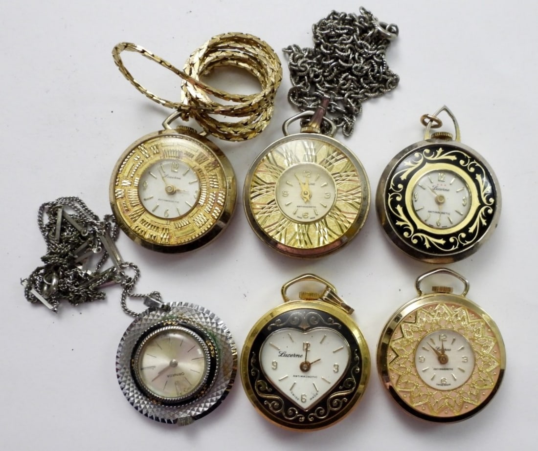(6) LADIES PENDANT WATCHES - NICE LOT: (4) LUCERNE (1) ORNATA (1) CAROLINE - UNTESTED TO WORKING CONDITION