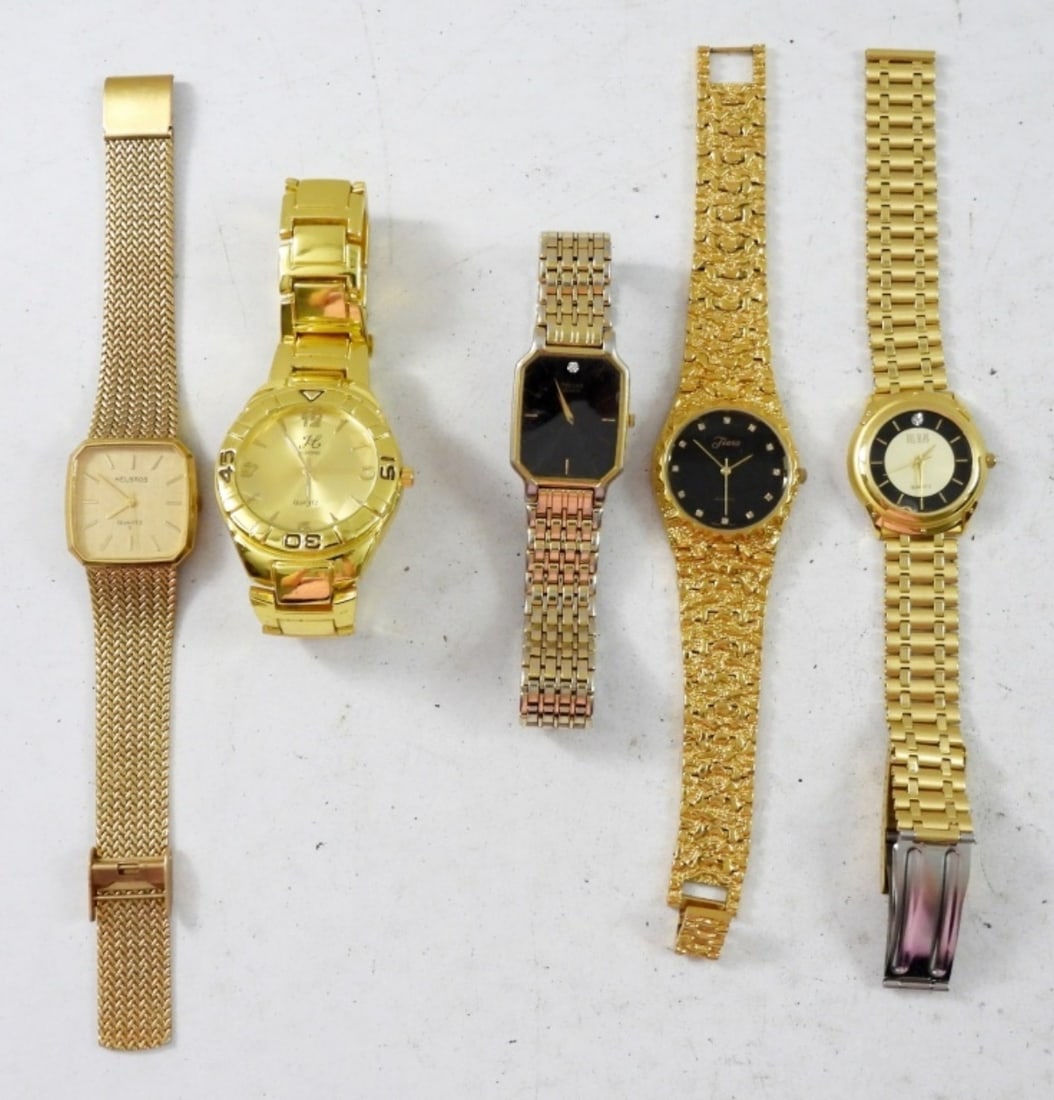 (5) GOLD TONE MEN's DRESS WATCHES: CLHONG, PULSAR, HELSBROS, TIARA & BILL BLASS (band broke)- UNTESTED TO WORKING CONDITION