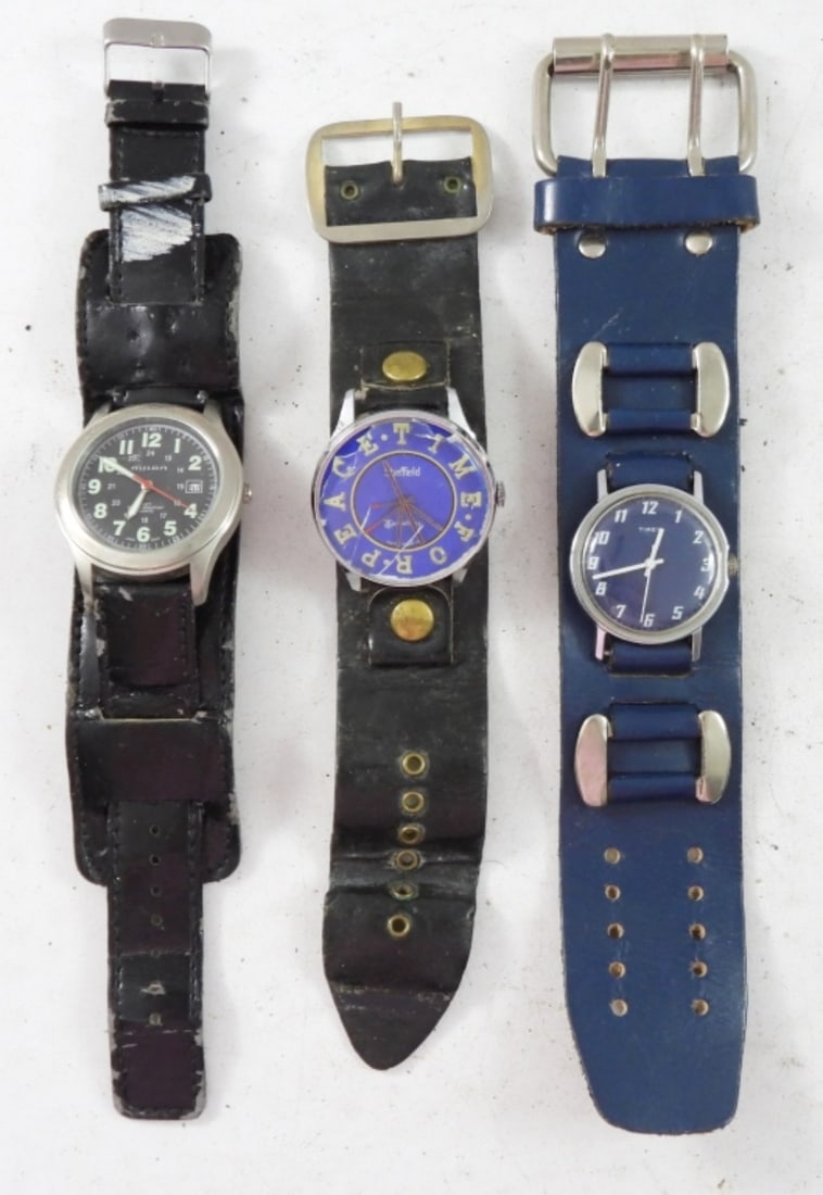 (3) VINTAGE RETRO WATCHES / BANDS: TIMEX BLUE FACE & COOL BAND, SHEFFIELD "FOR PEACE TIME" CRYSTAL BROKE, MILAN DAY - ALL UNTESTED TO WORKING CONDITION