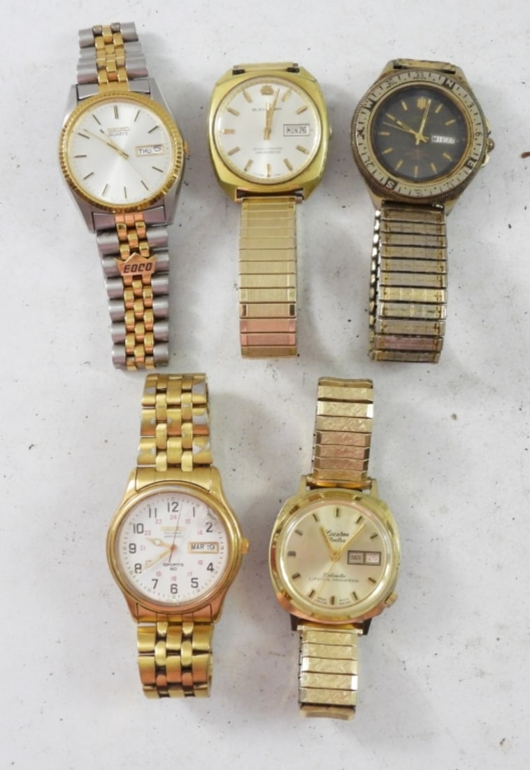 (5) DAY/DATE MEN's WRIST WATCHES: SEIKO, LUCERNE, BUCHERER, GENVA & SEIKO - UNTESTED TO WORKING CONDITION