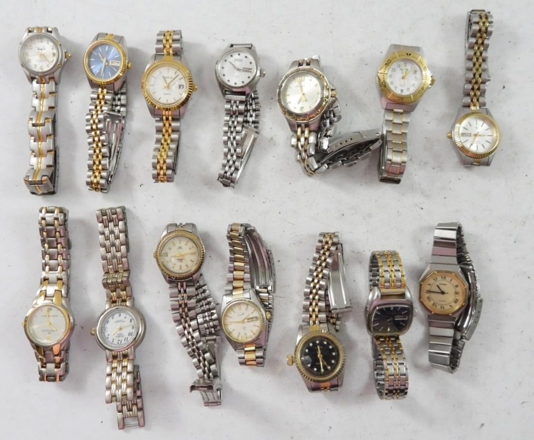 (14) TWO TONE LADIES WRIST WATCHES: PULSAR, TIMEX & MORE - UNTESTED AS TO WORKING CONDITION