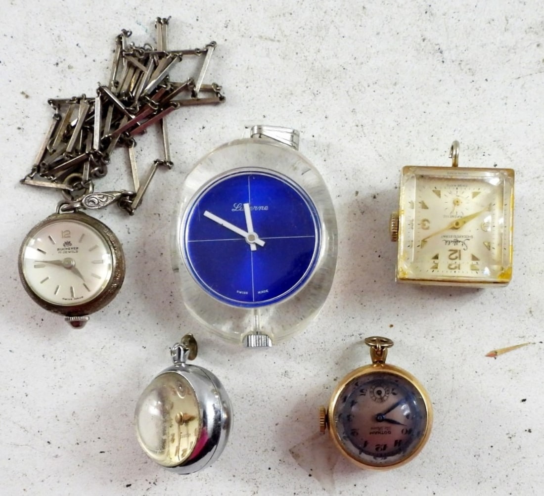 (5) SKELETON VIEW PENDANT WATCHES: SHEFFIELD, LUCERNE, GOTHAM, BUCHERER, WELBRO - UNTESTED LOT
