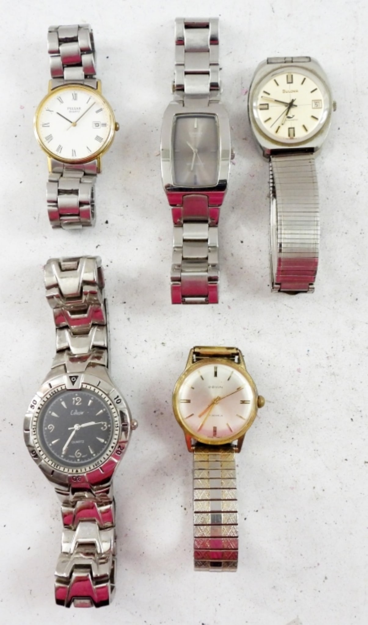 (5) MEN's WRIST WATCHES - BULOVA: PULSAR, BULOVA running, GRUEN running, CASIO & COLLEZIO - UNTESTED