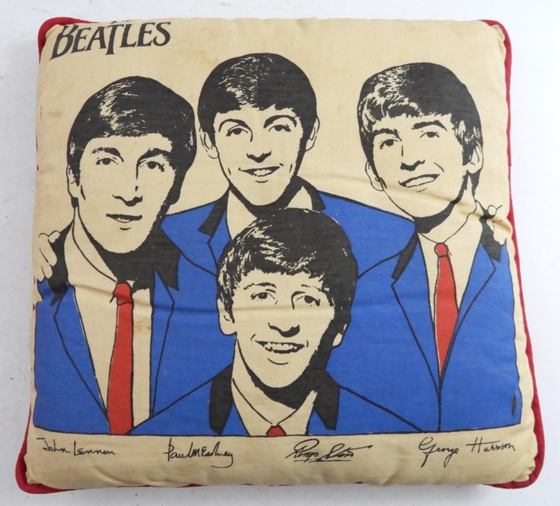 VINTAGE BEATLES PILLOW 13" x 12": SHOWS LIGHT STAINING - FULLY INTACT - NO TEARS