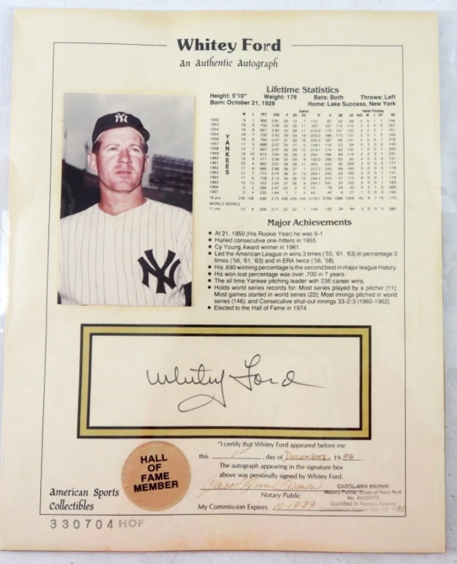 WHITEY FORD SIGNED LIFETIME STATS HOF: NOTARY PUBLIC COA 1988