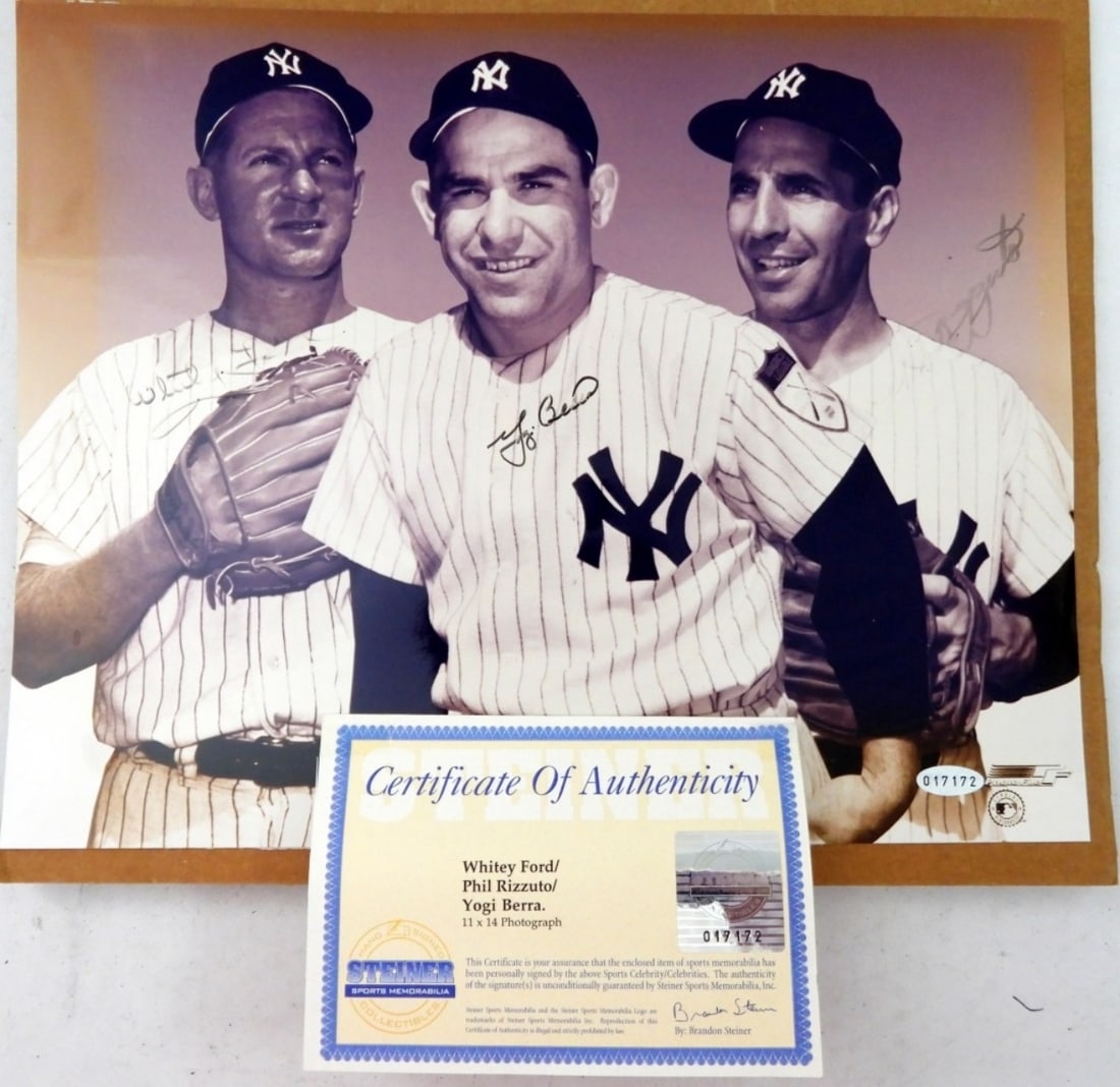WHITEY FORD / PHIL RIZZUTO / YOGI BERRA: SIGNED 11x14 PHOTO - STEINER COA - AUTOGRAPHS are lightly smudged