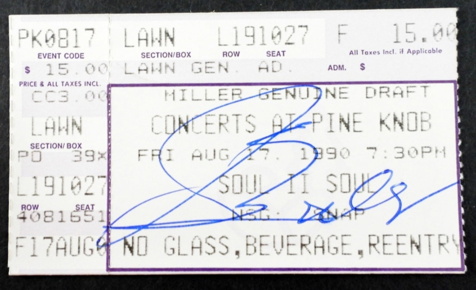 SIGNED '90 "SOUL II SOUL" CONCERT TICKET: PINE KNOB - NO COA