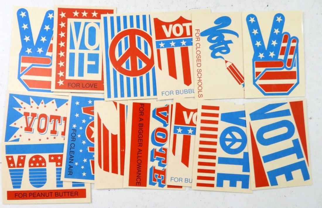 (14) "LOVE" "VOTE" "PEACE" VTG STICKERS: 1970s - VERY NICE EM - ALL STILL HAVE BACKS ON