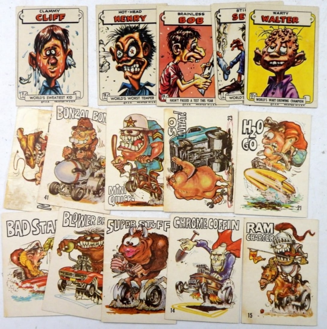 (15) LATE 60's SLOB & ODD RODS TRADING CARDS: 15 LATE 1960'S TOPPS SLOB STICKER CARDS AND ODD RODS TRADING STICKER CARDS.