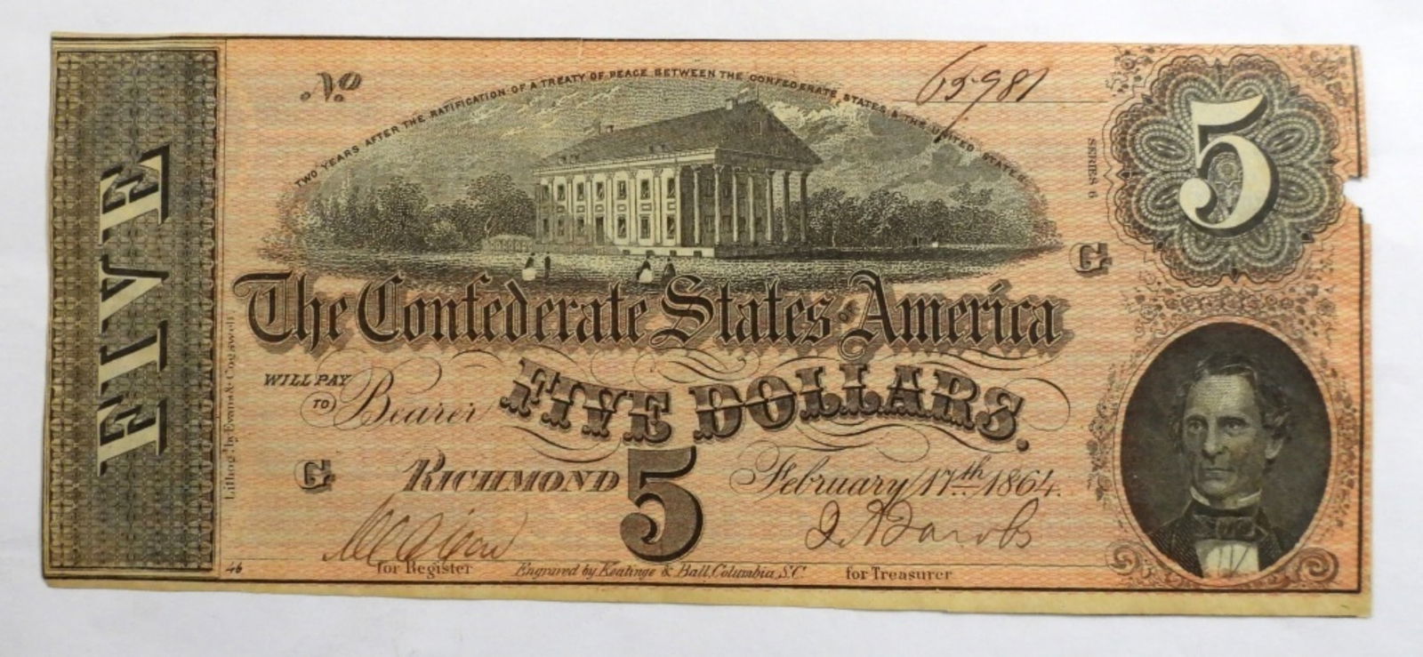 1864 $5 CONFEDERATE NOTE (1 of 2)