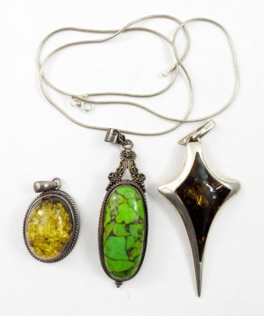 (3) UNIQUE VTG STERLING PENDANTS w/CHAIN (1 of 2)