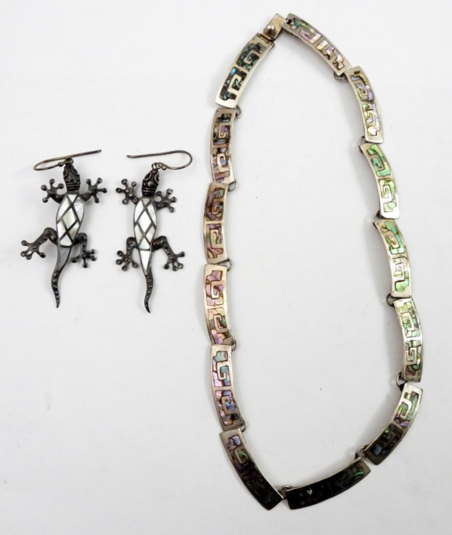 ABALONE & STERLING LIZZARD EARRINGS &: 16" PANEL NECKLACE (20 DWT)