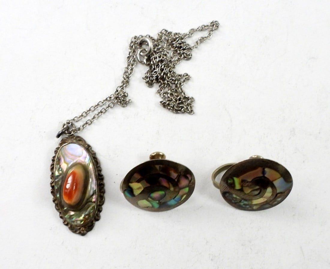 VTG ABALONE STERLING SET - NECKLACE: 18" & SCREWBACK EARRINGS (7 DWT)