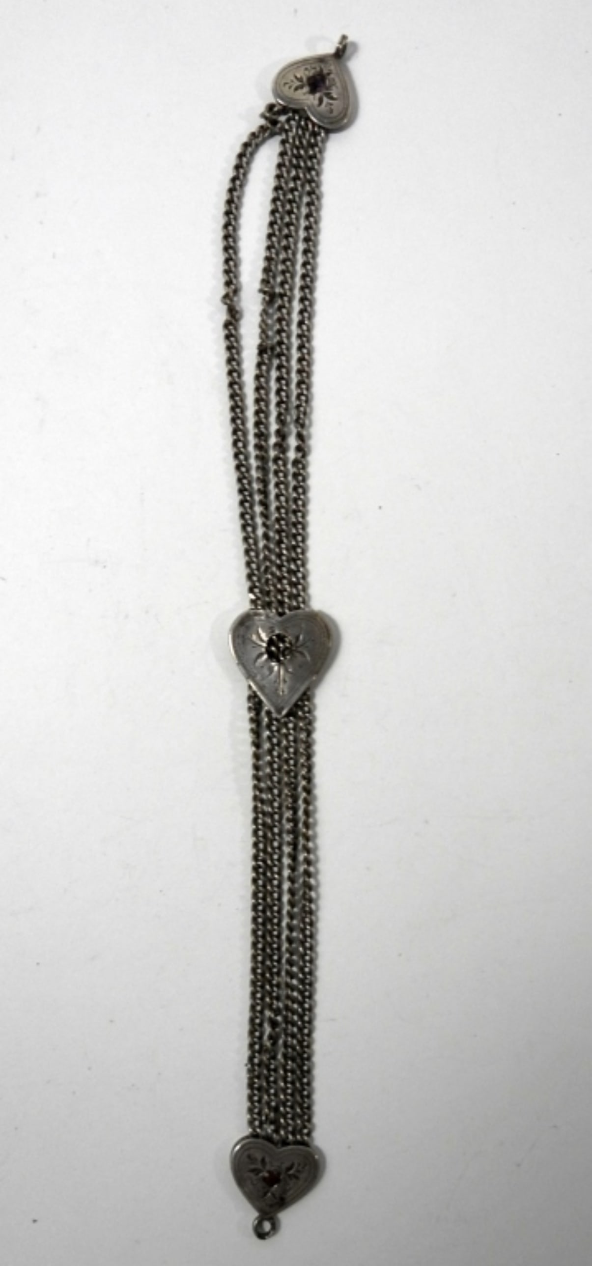 ANTIQUE STERLING HEART & CHAIN JEWELRY: NEEDS REPAIRED - HEART SLIDES OVER CHAINS (17 DWT)