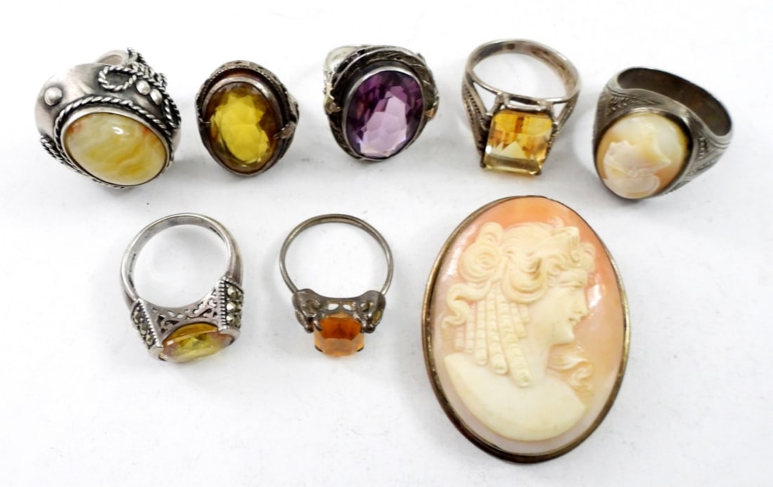 VINTAGE STERLING RINGS & CAMEO BROOCH (1 of 3)
