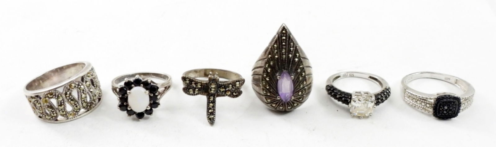 (6) 925 MARCASITE GEMSTONE RINGS (1 of 2)