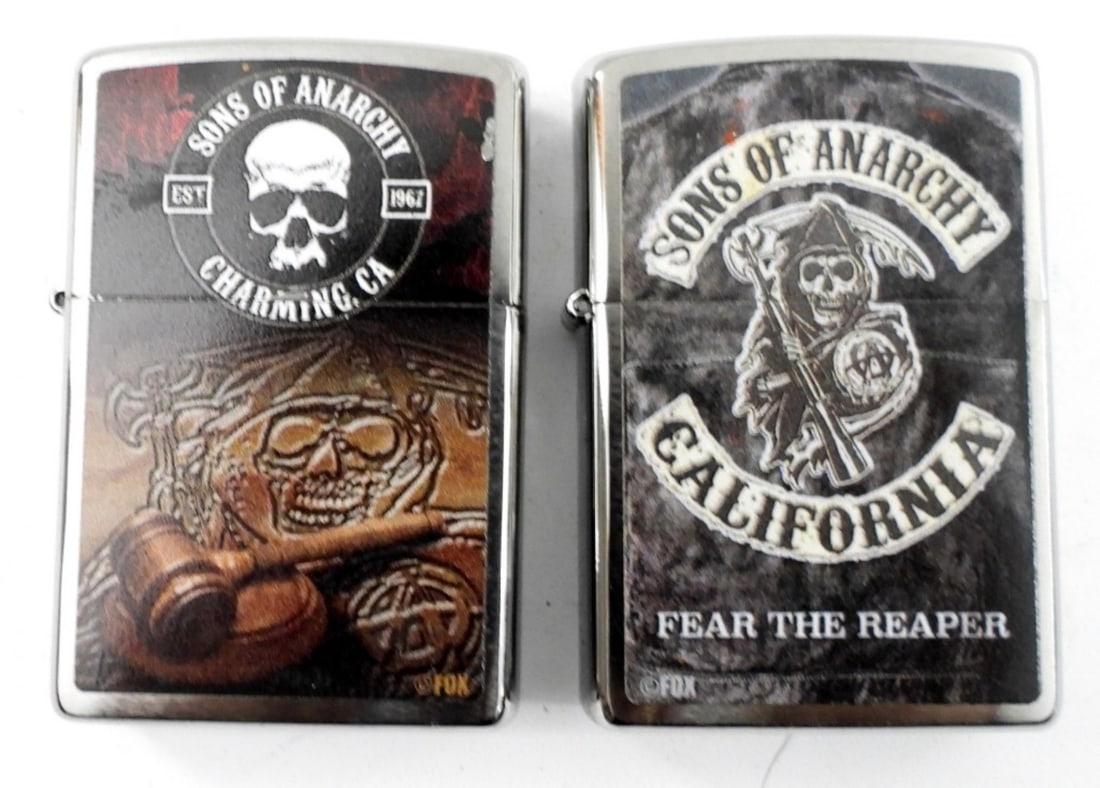 19 & '20 SONS OF ANARCHY ZIPPO LIGHTERS: WITH SEALS on BACK - UNFIRED - SONS OF ANARCHY CALIFORNIA